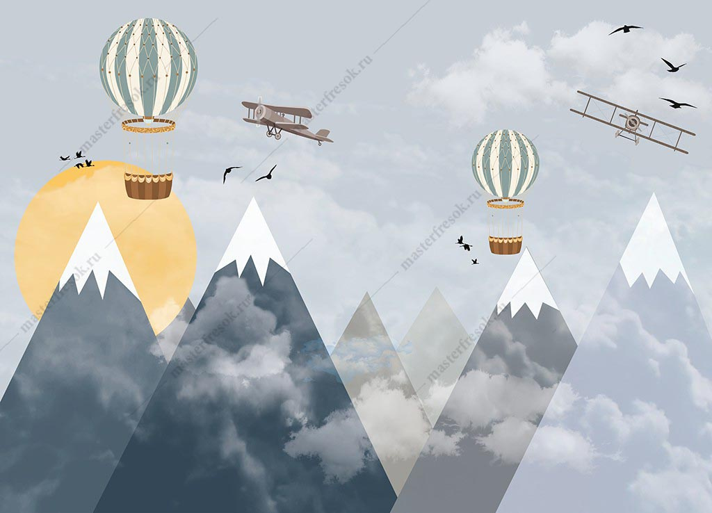Фотообои Воздушные шары и самолёты в сине-серых горах мальчику