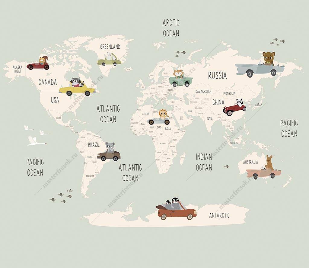 Фотообои Карта мира в детскую с машинками